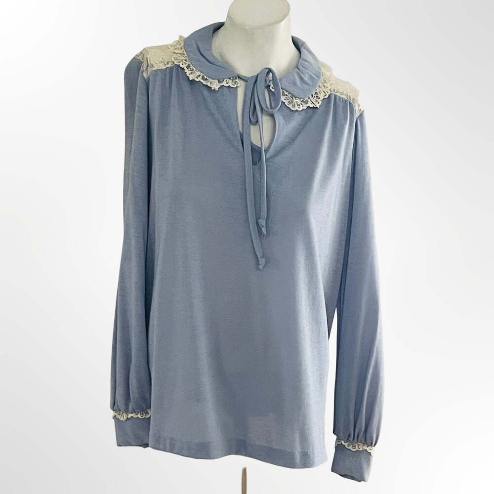 Red Pepper Vintage Blue Knit Blouse with Lace Collar and Tie - Picture 2 of 8